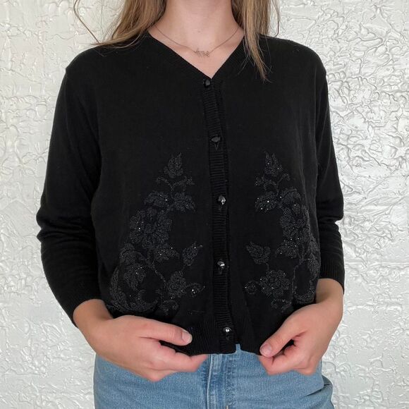American Collection Cardigan Women's S Black Beaded Floral - Picture 1 of 4